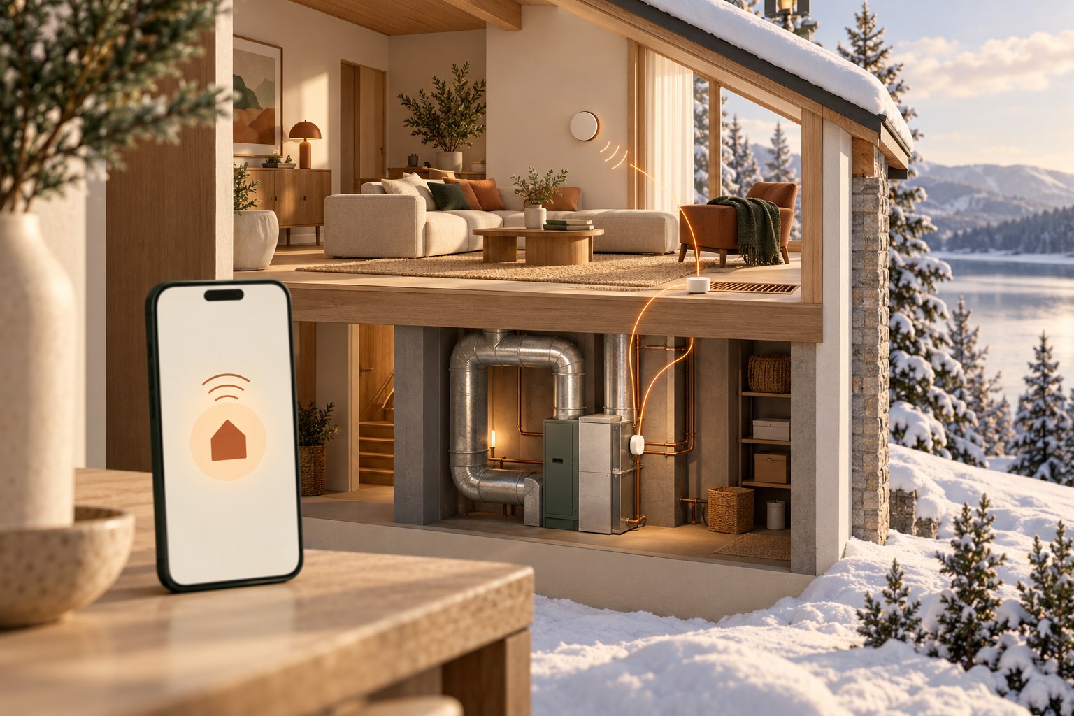 Illustration architecturale d’une maison et de son moniteur de chauffage connecté
