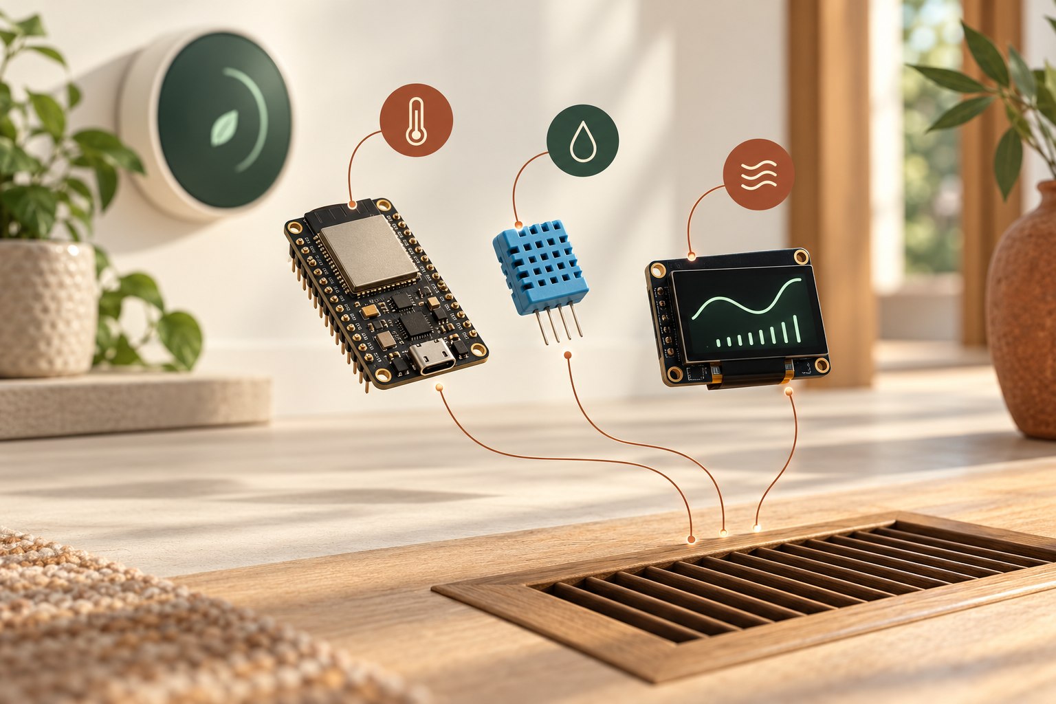 Illustration conceptuelle d’un dispositif ESP32, de son capteur et de son écran OLED