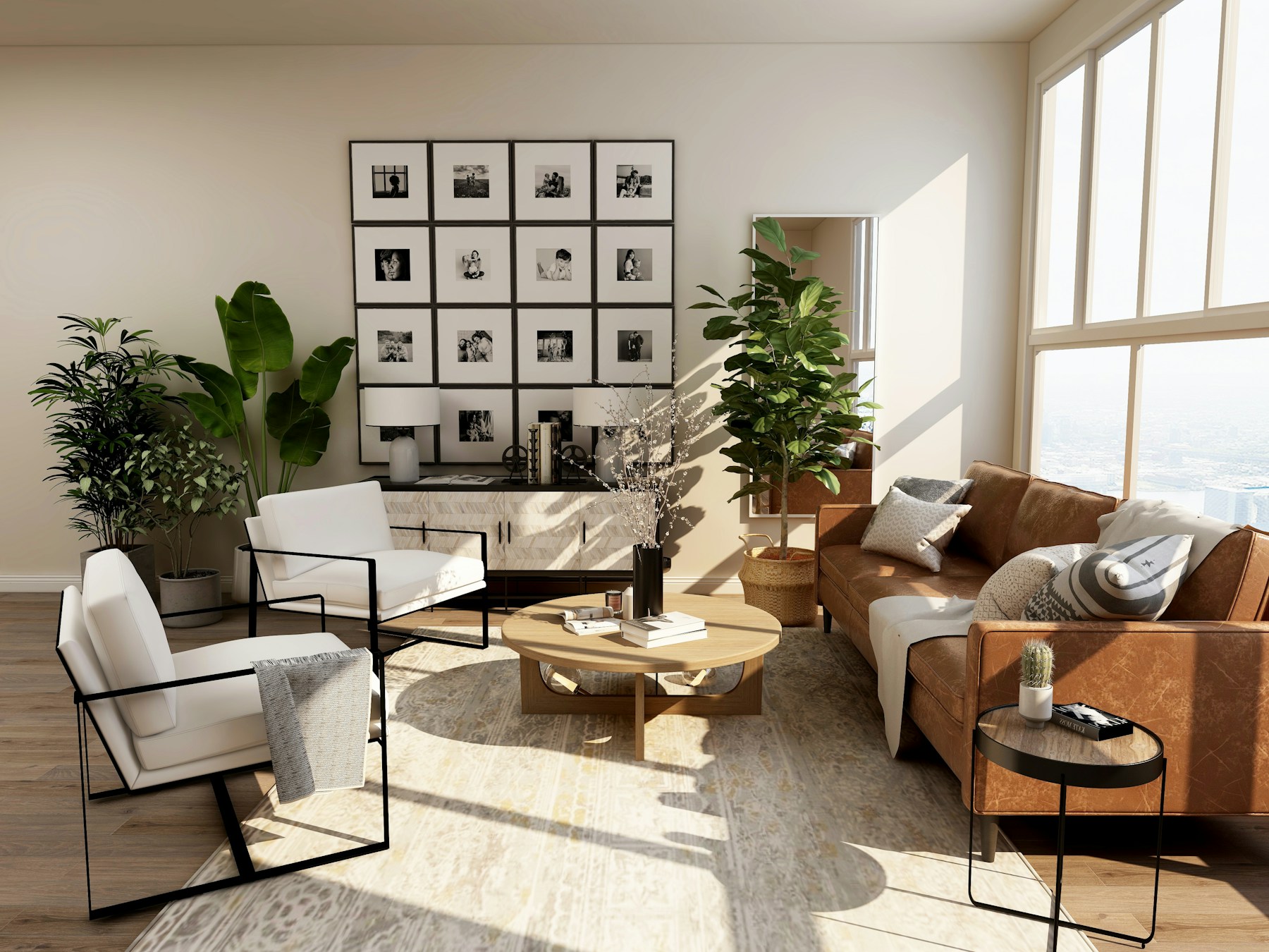 Sunlit living room with warm wood, comfortable seating and plants